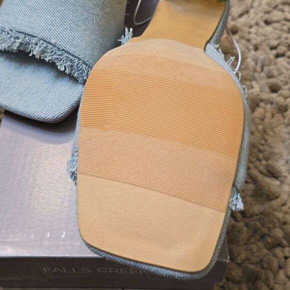 New Falls Creek women's size 7 Fringe Denim Slide 3‎ inch chunky Heel shoe - Picture 5 of 6